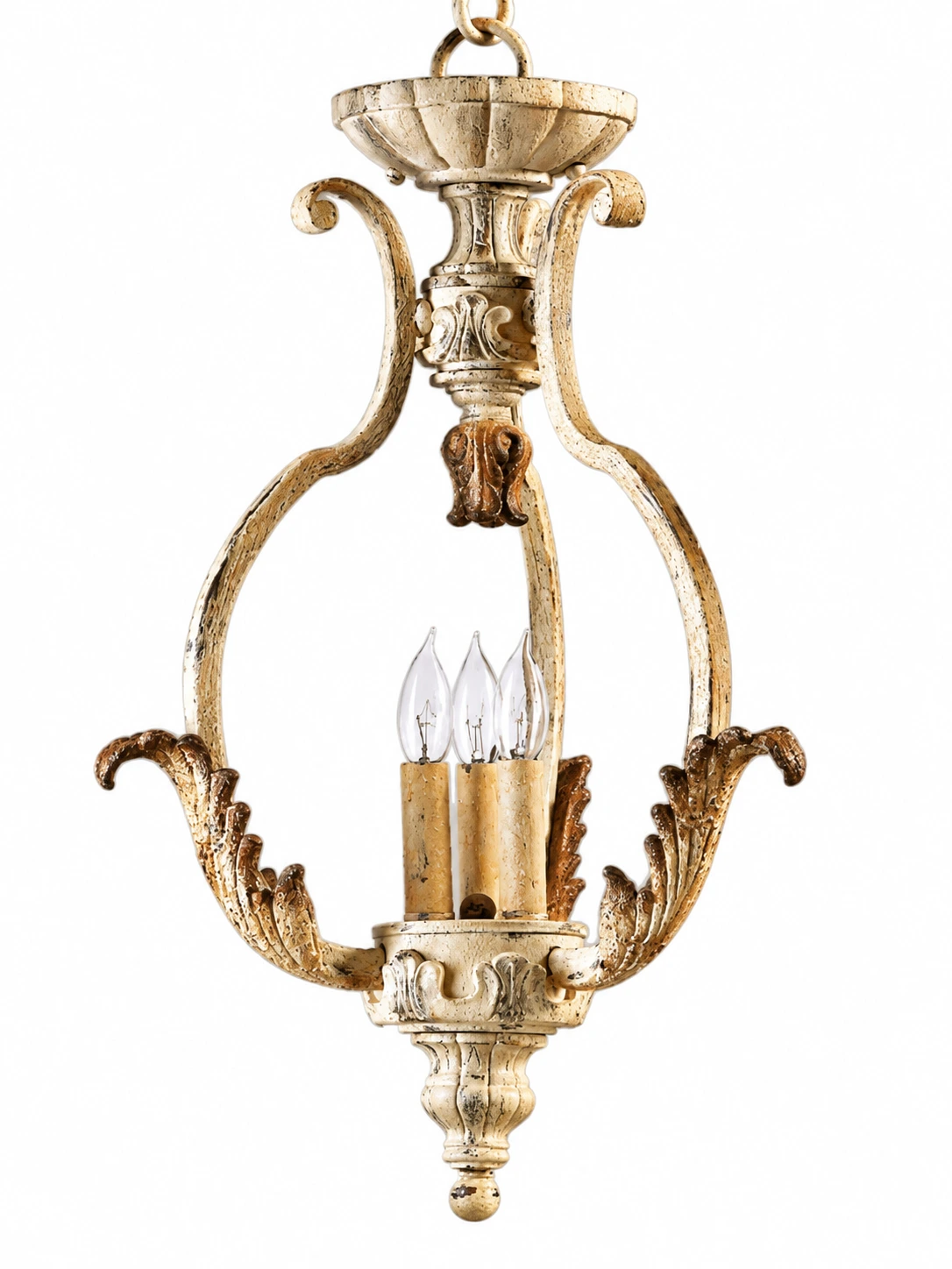 Three candle-style holders and carved arms detail