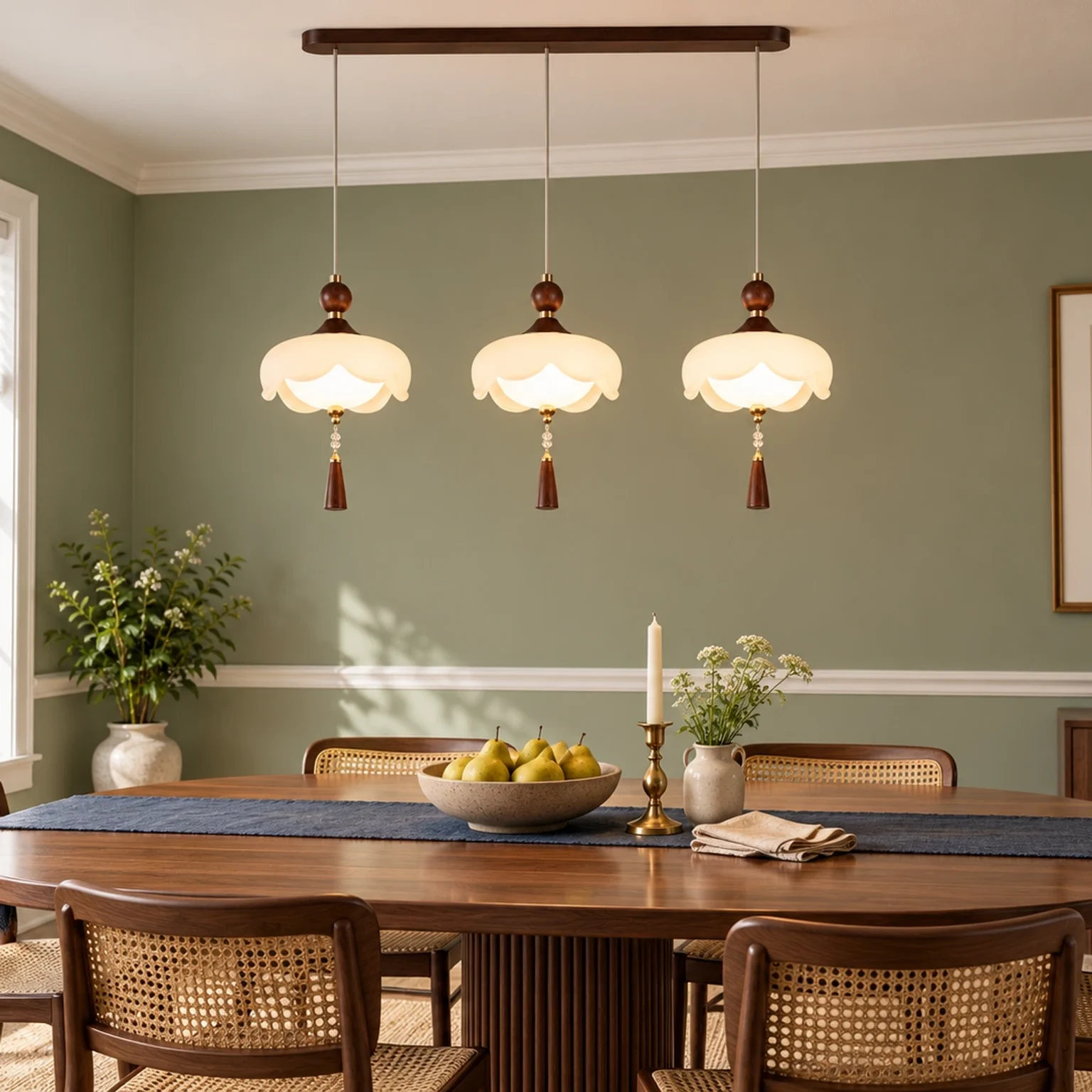Mara three-light scalloped wood chandelier over a dining table