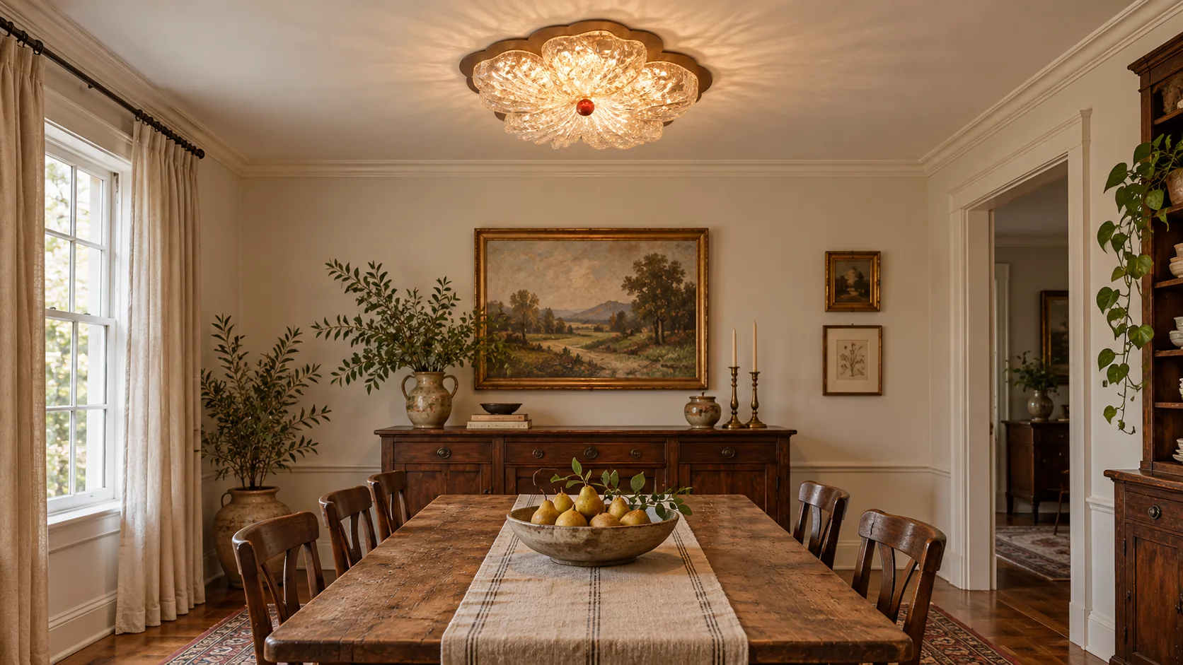 Coffee floral flush mount over a dining table