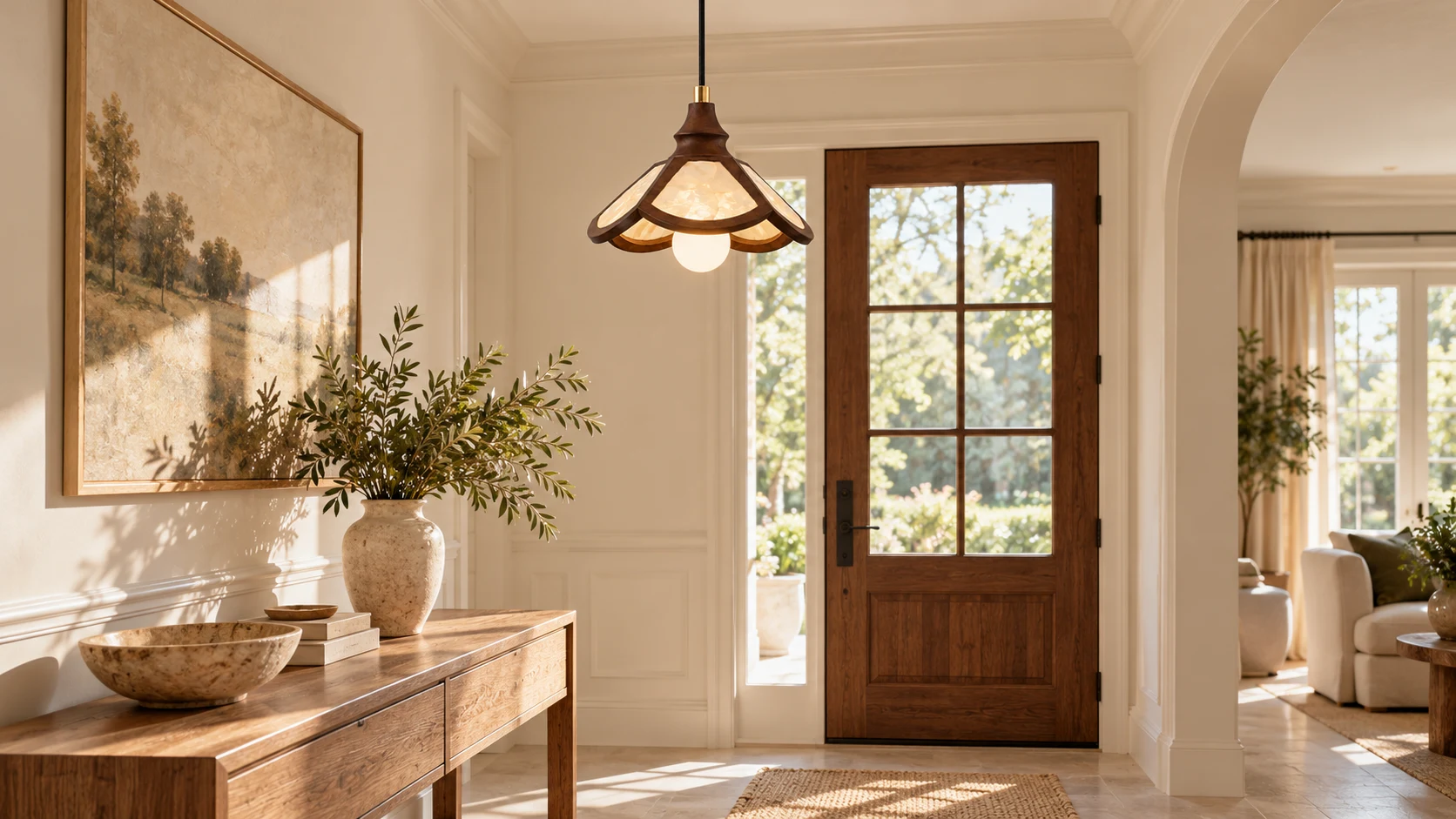 Vintage petaled shell and solid-wood pendant light in a French entry