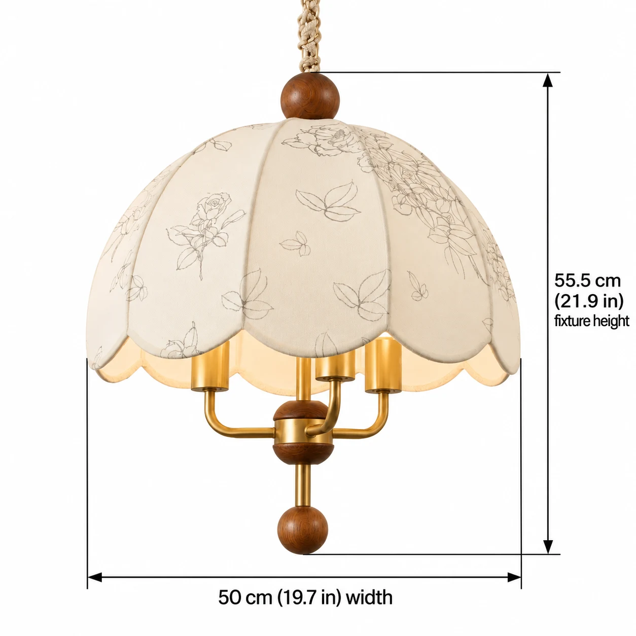 Camille French Vintage Scalloped Wood & Fabric Chandelier verified dimensions 50 cm width by 55.5 cm fixture height