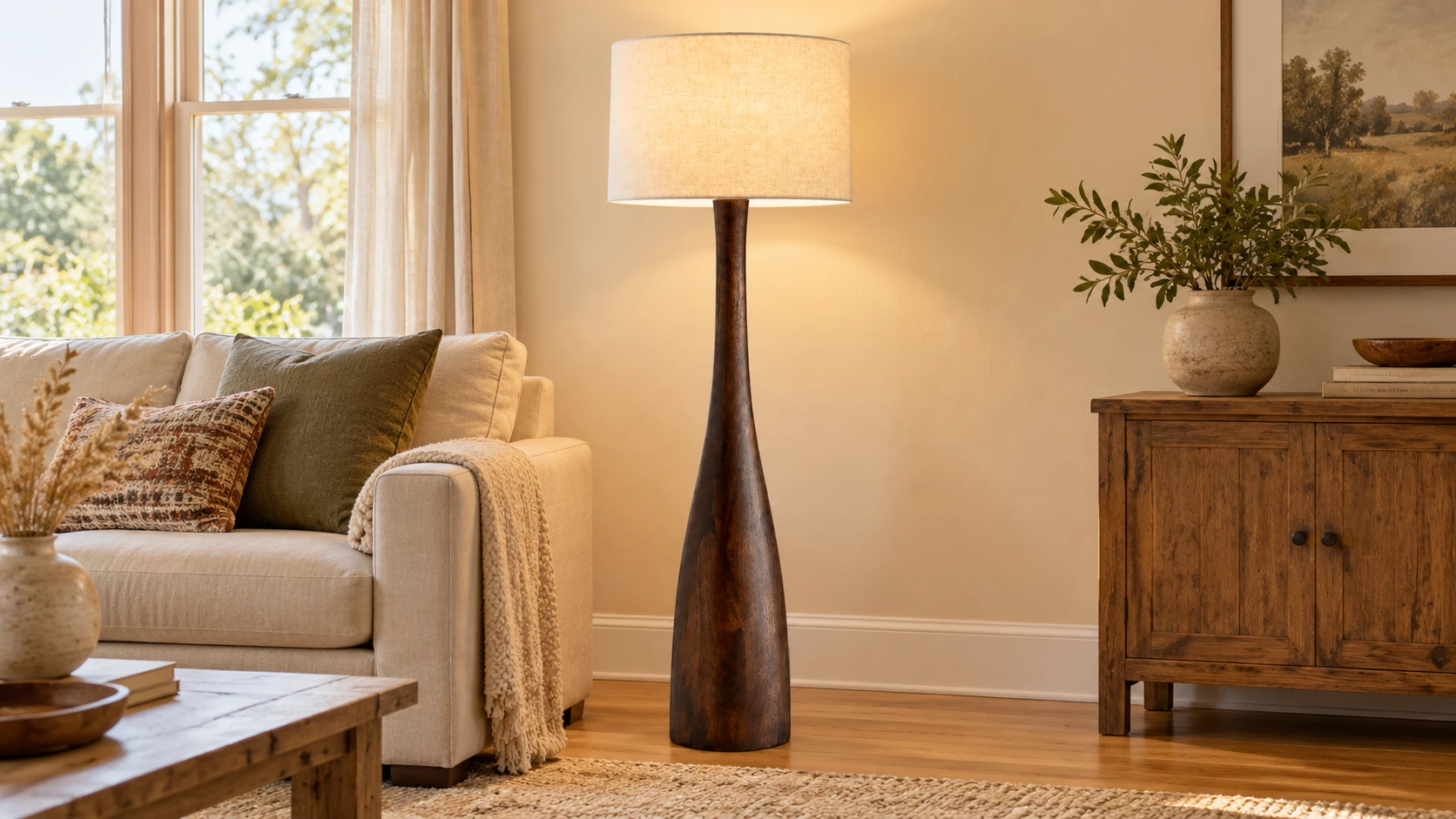 Teardrop solid-wood floor lamp beside a sofa in a living room