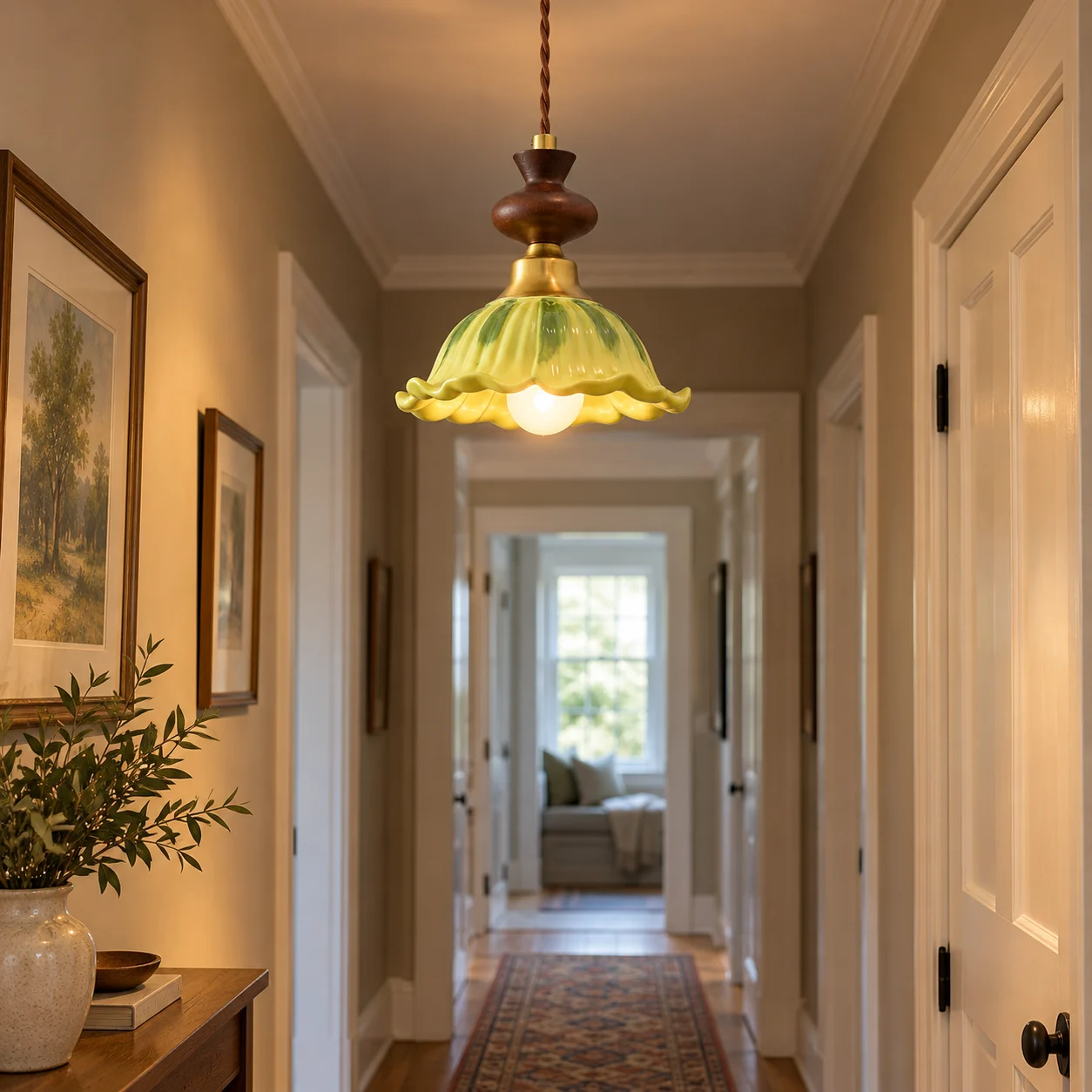 Vintage Green Ceramic and Solid-Wood Pendant Light in a residential hallway