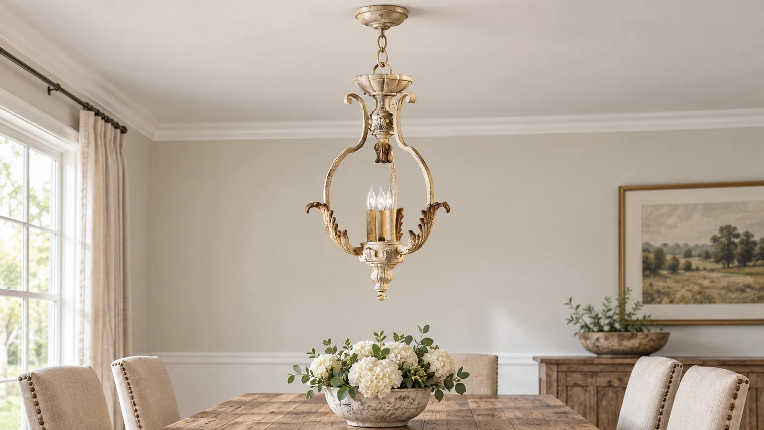 Evelyn carved wood pendant in a vintage entryway