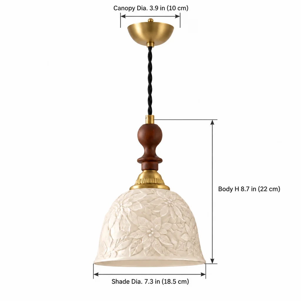 Ivory ceramic pendant dimensions: canopy diameter 3.9 in, body height 8.7 in, shade diameter 7.3 in
