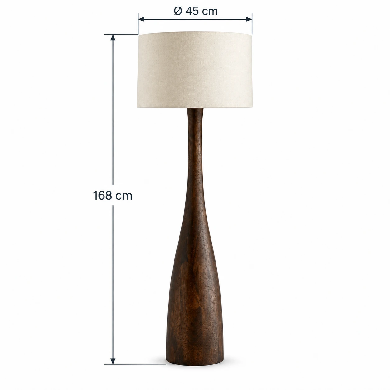 Floor lamp dimensions: shade diameter 45 cm, overall height 168 cm