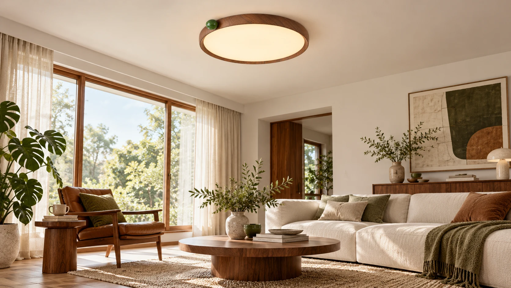 Clara mid-century ultra-thin walnut acrylic ceiling light in a living room