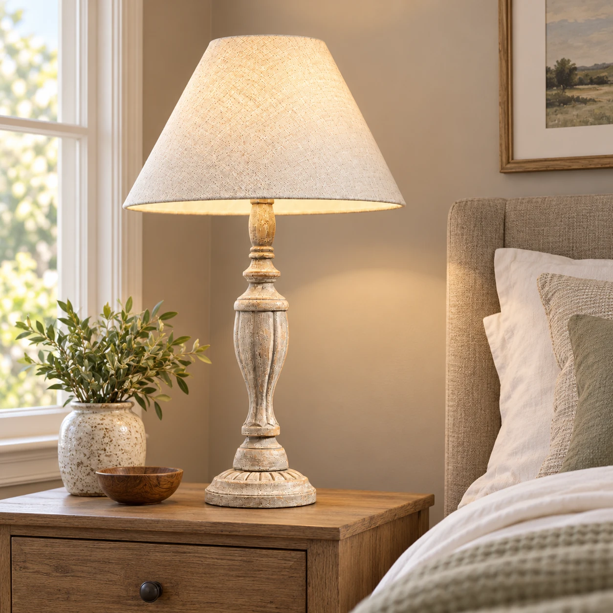 Distressed solid-wood column table lamp on a bedroom nightstand