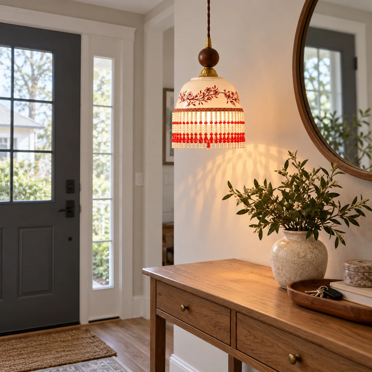Ceramic pendant light in an entry foyer