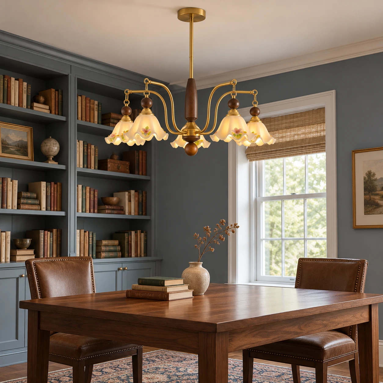 Camille chandelier above a library table