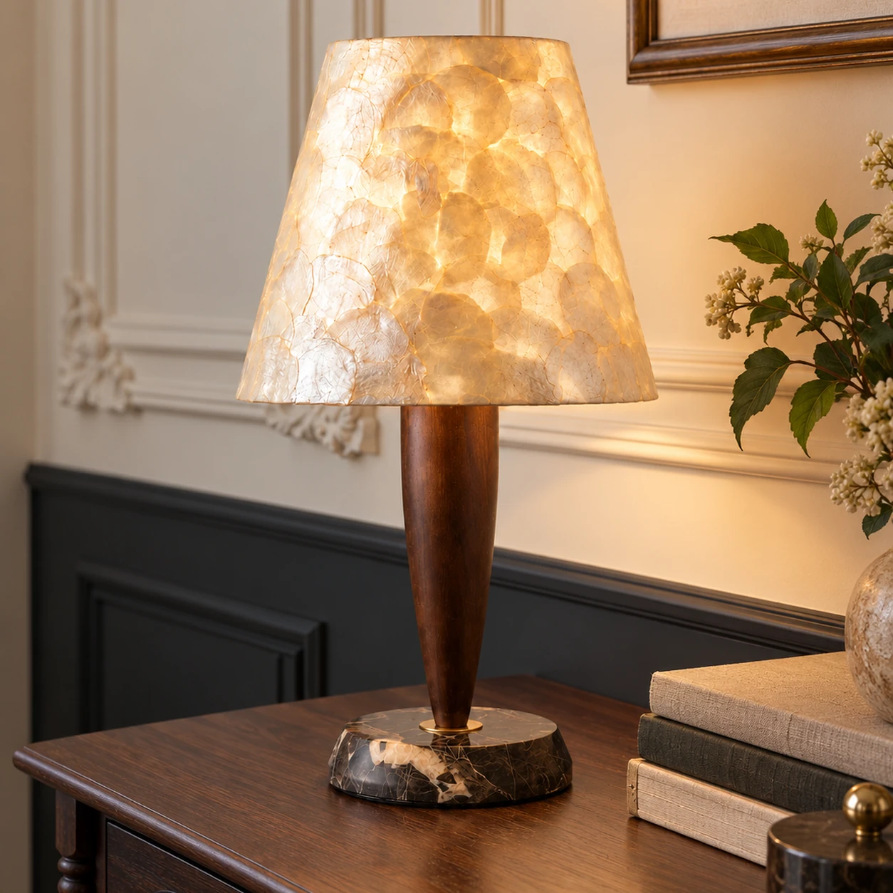 Vintage Textured Shell and Solid-Wood Table Lamp on an entry console with wall molding
