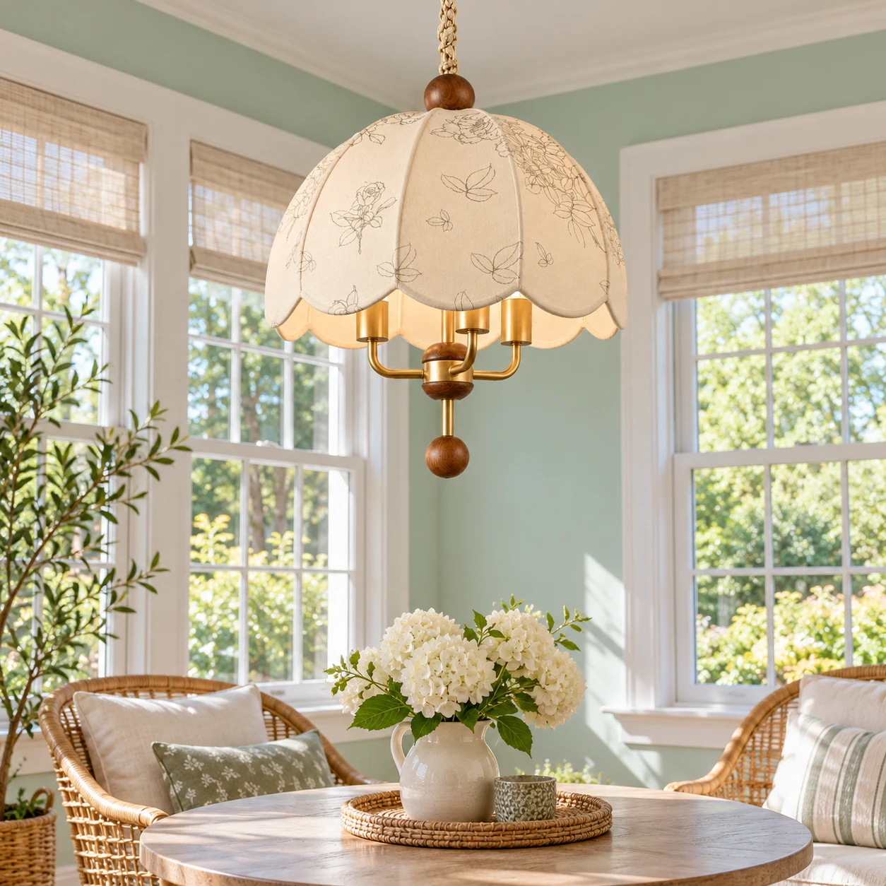 Camille French Vintage Scalloped Wood & Fabric Chandelier in a American sunroom with seafoam walls