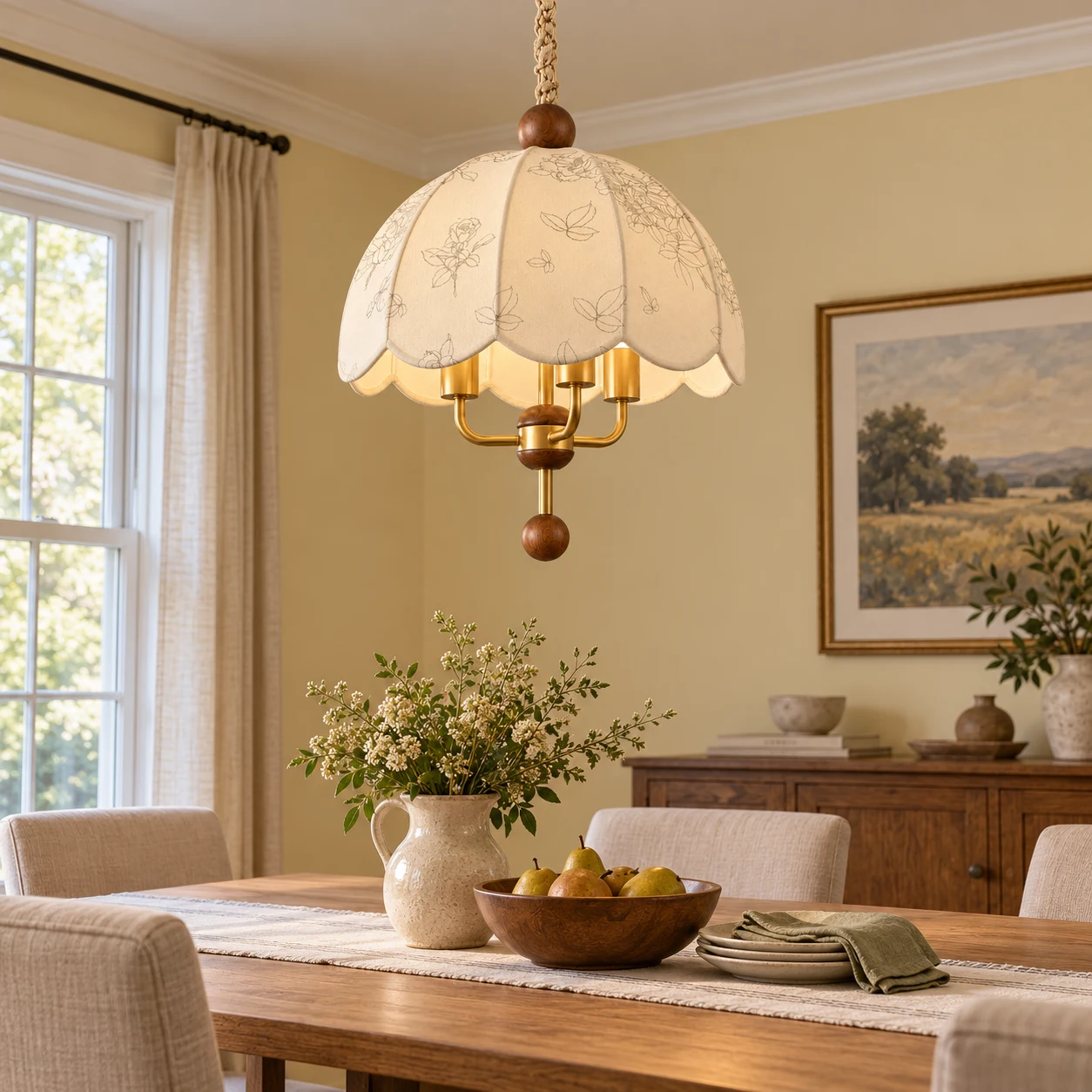Camille French Vintage Scalloped Wood & Fabric Chandelier above a American dining table
