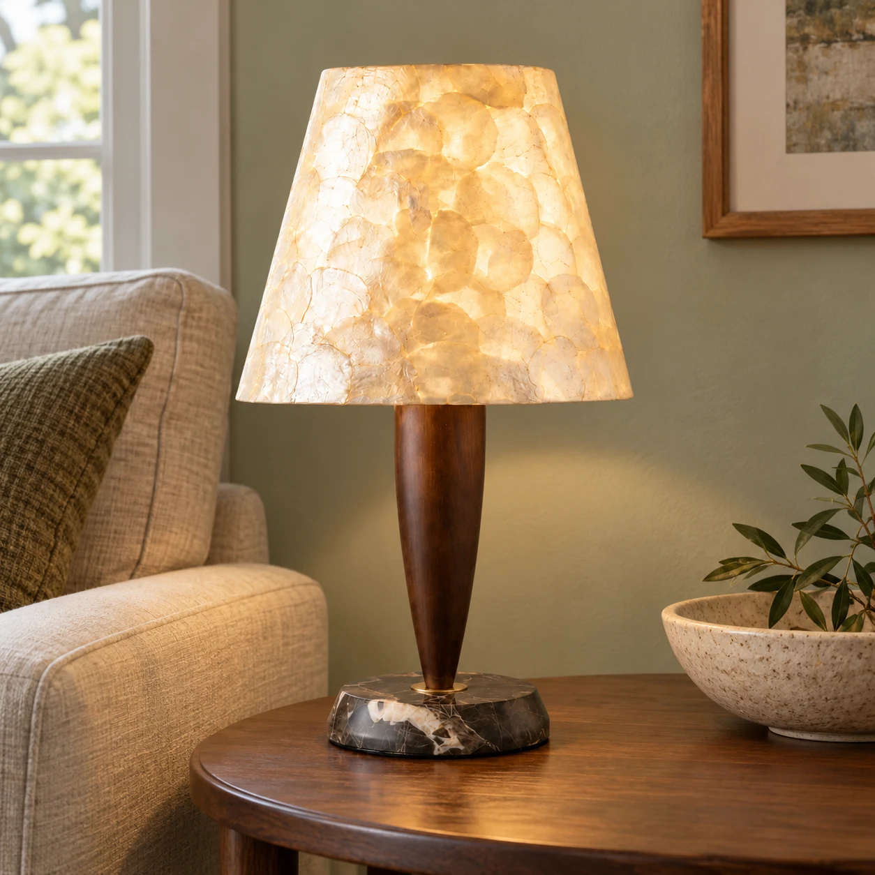 Vintage Textured Shell and Solid-Wood Table Lamp on a living-room side table