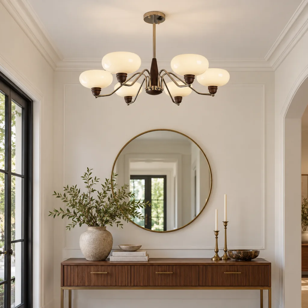 6-head three-color pendant in a dining room