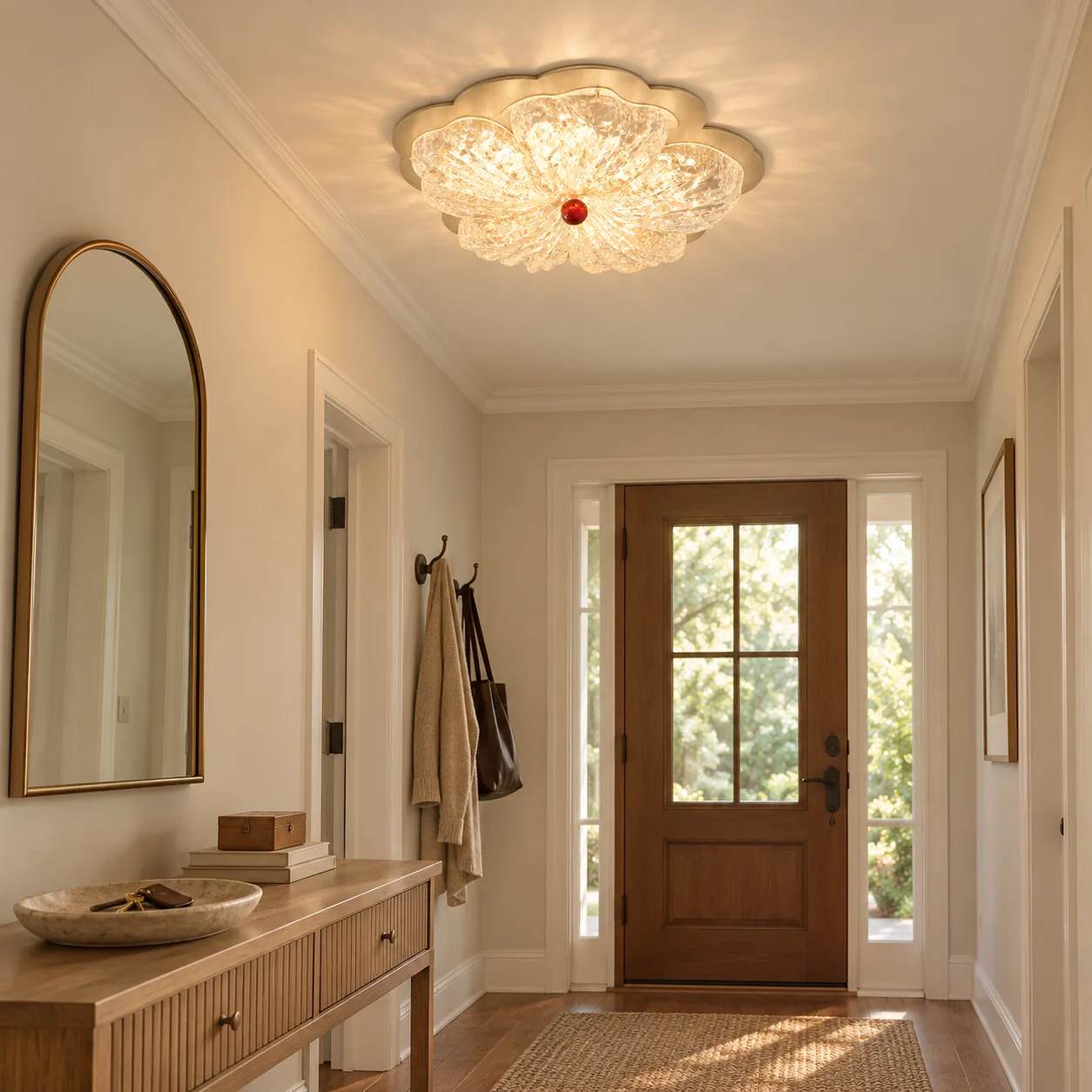 Cream flush mount in an entry