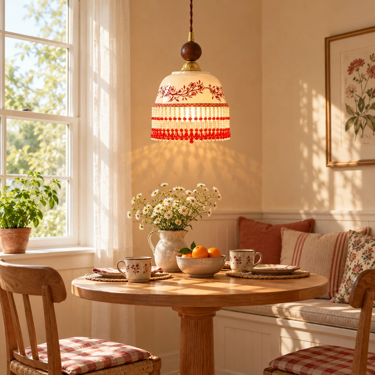 Ceramic pendant light over a breakfast nook