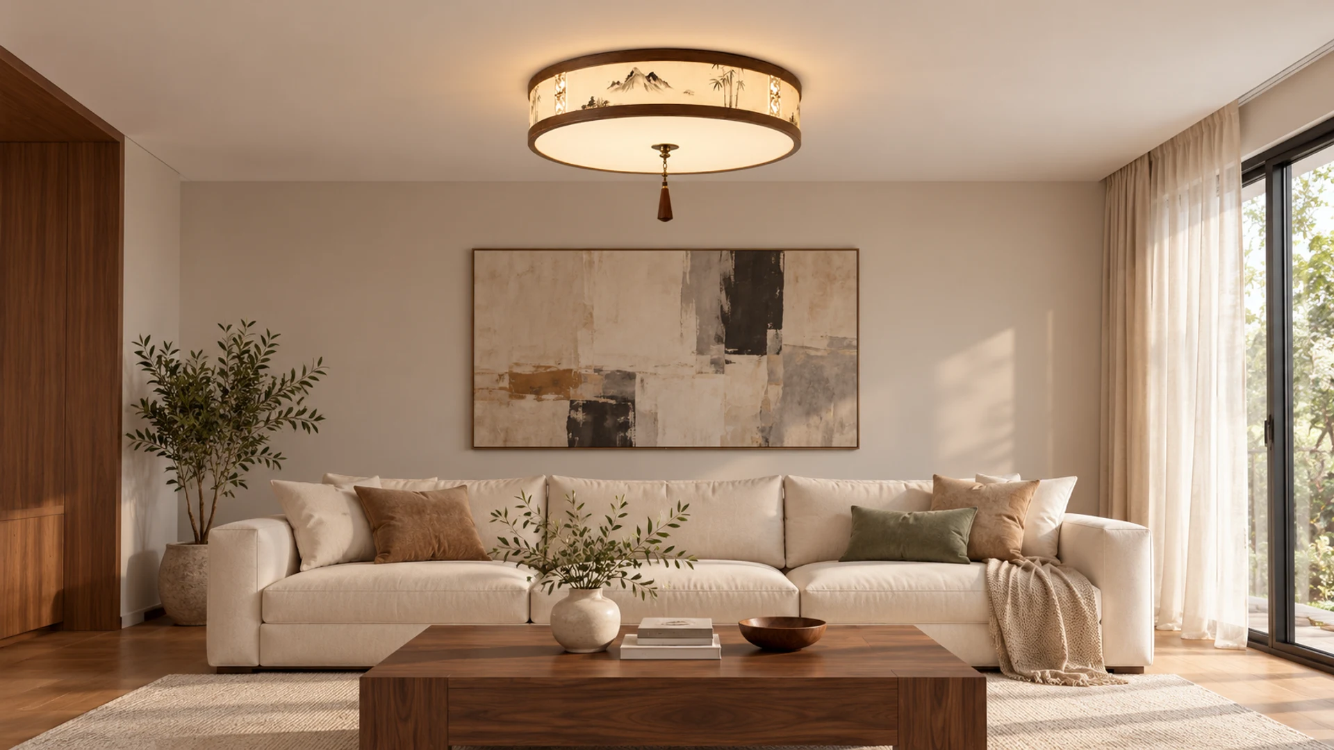 Mei landscape fabric flush mount ceiling light in a modern living room