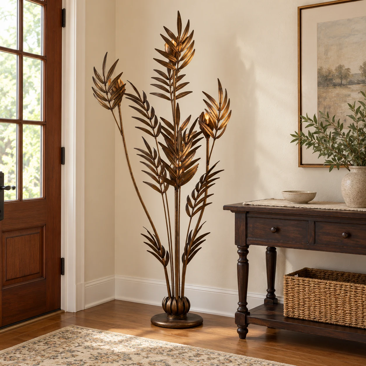 Liora palm leaf floor lamp in antique bronze in a traditional entry foyer