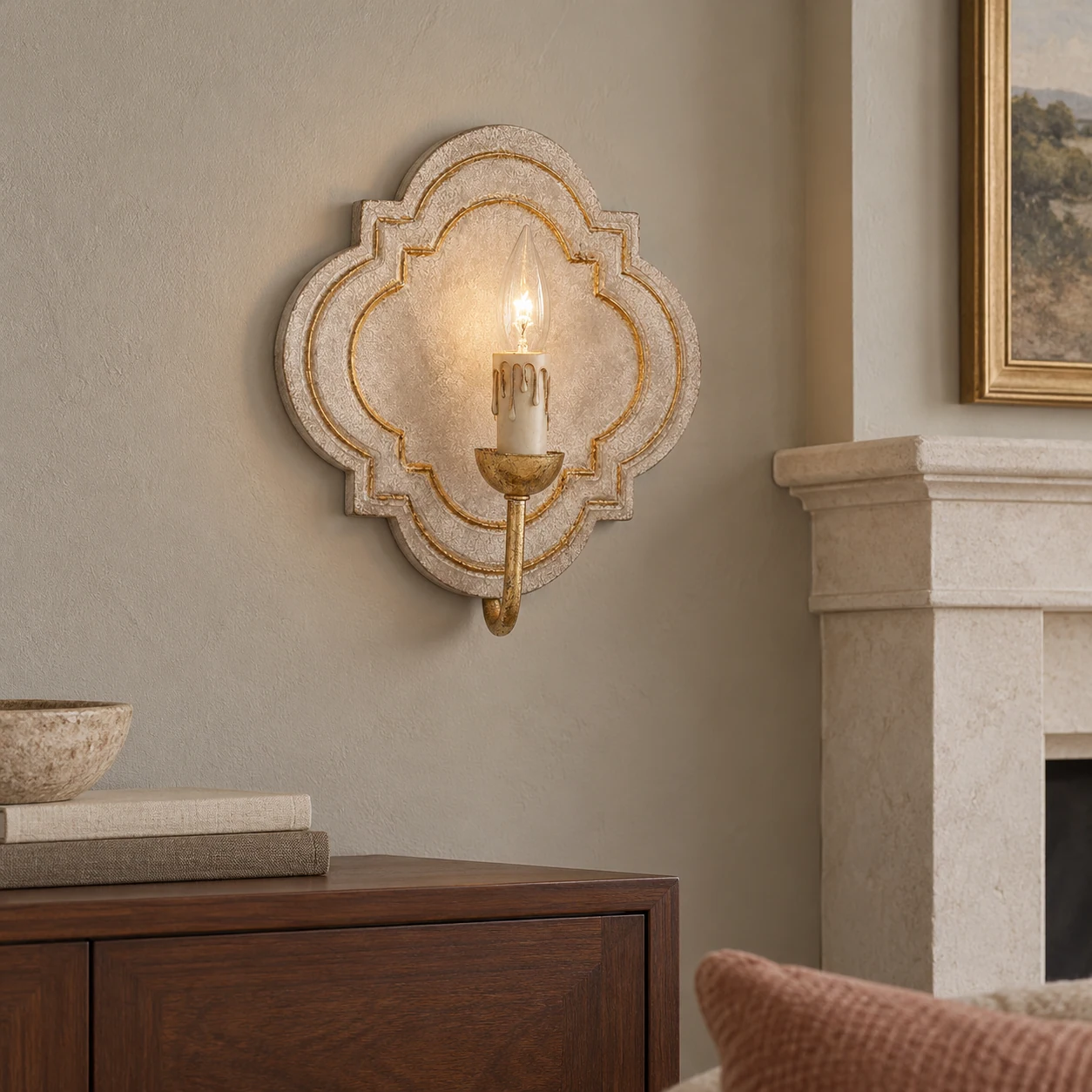 Nola wall sconce in a living room near the fireplace