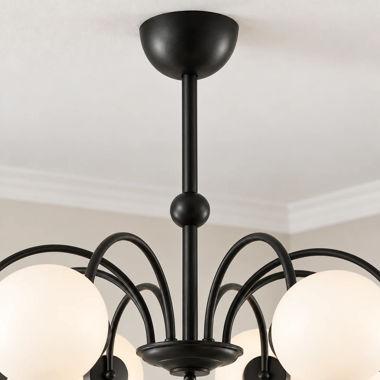Ceiling canopy, stem, and mid-stem ball detail
