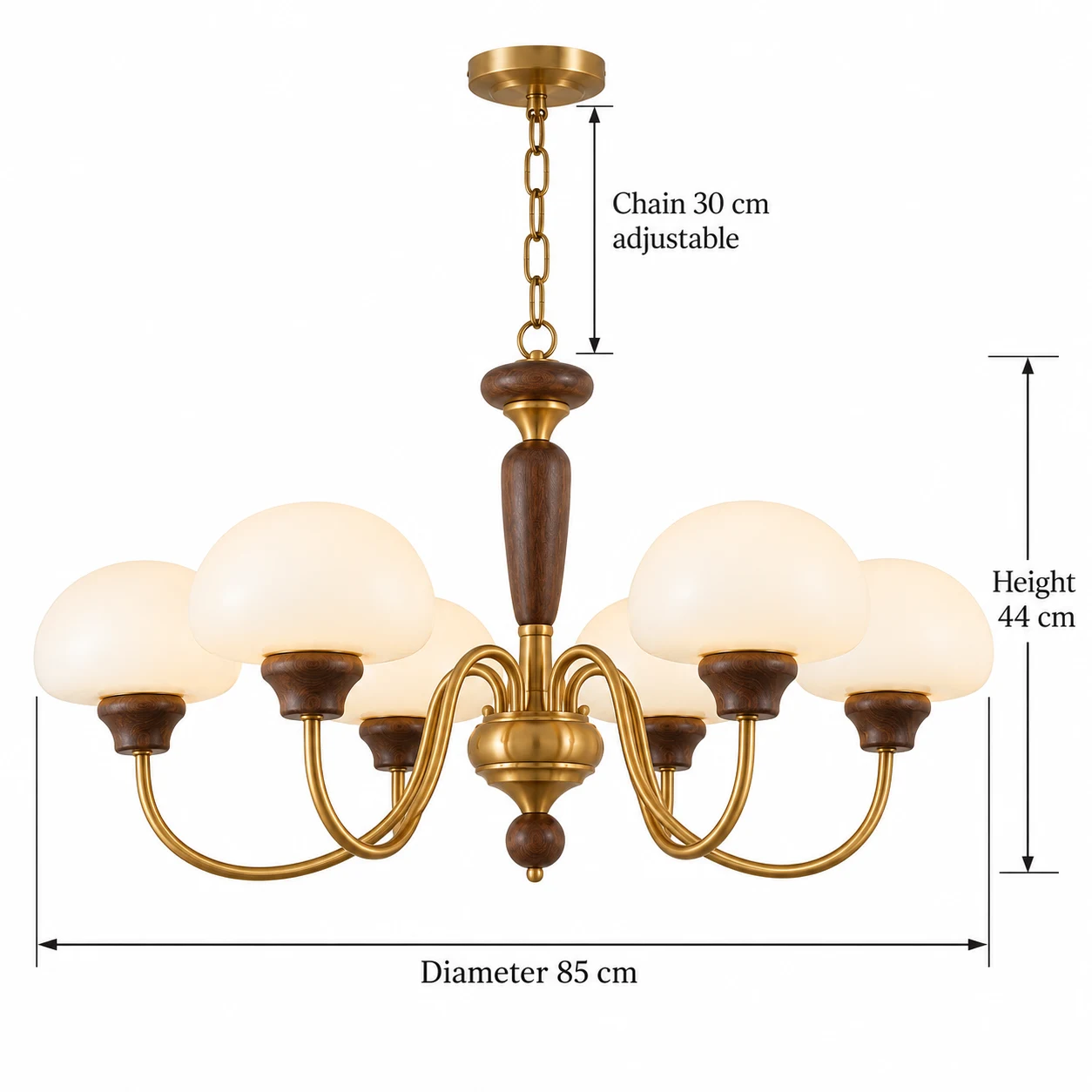 6-light dimensions: diameter 85 cm, body height 44 cm, adjustable chain 30 cm