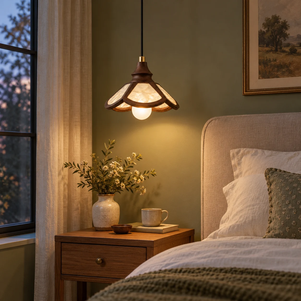 Pendant beside a bed