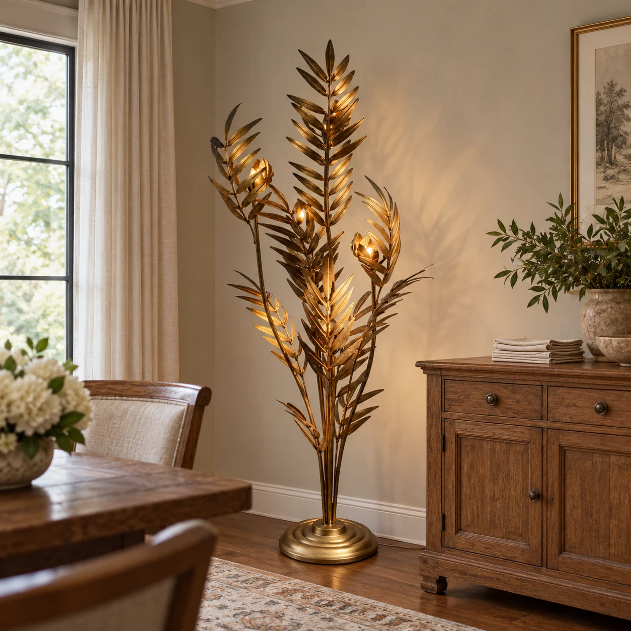Liora palm leaf iron floor lamp in aged gold beside a dining room sideboard