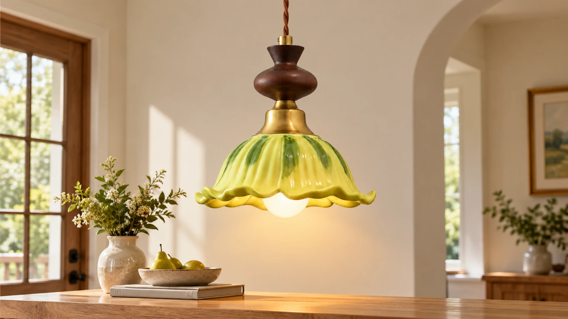Vintage Green Ceramic and Solid-Wood Pendant Light banner in an American home setting