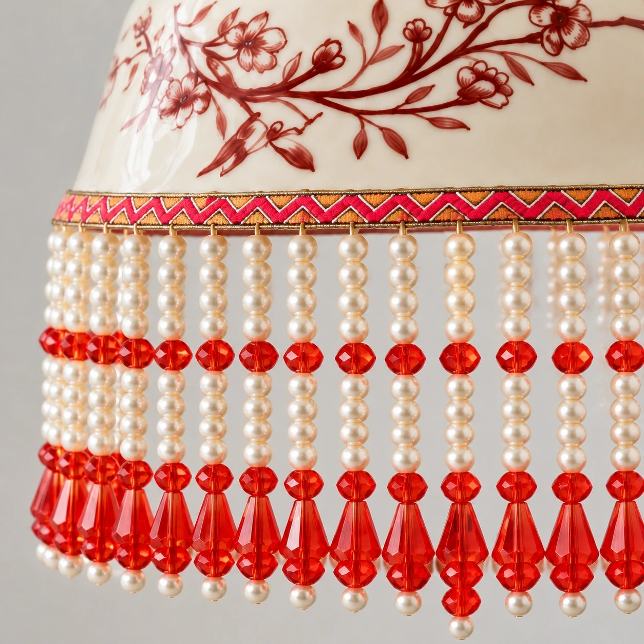 Red and ivory beaded fringe detail
