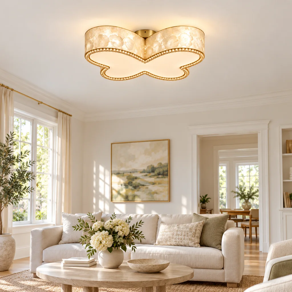 50 cm butterfly shell flush mount in a bright living room