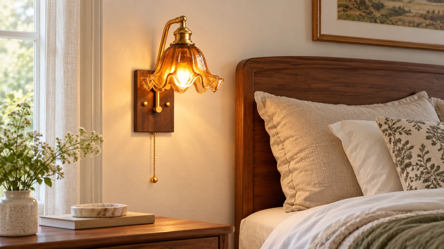 Amber glass petal wall sconce beside a bed