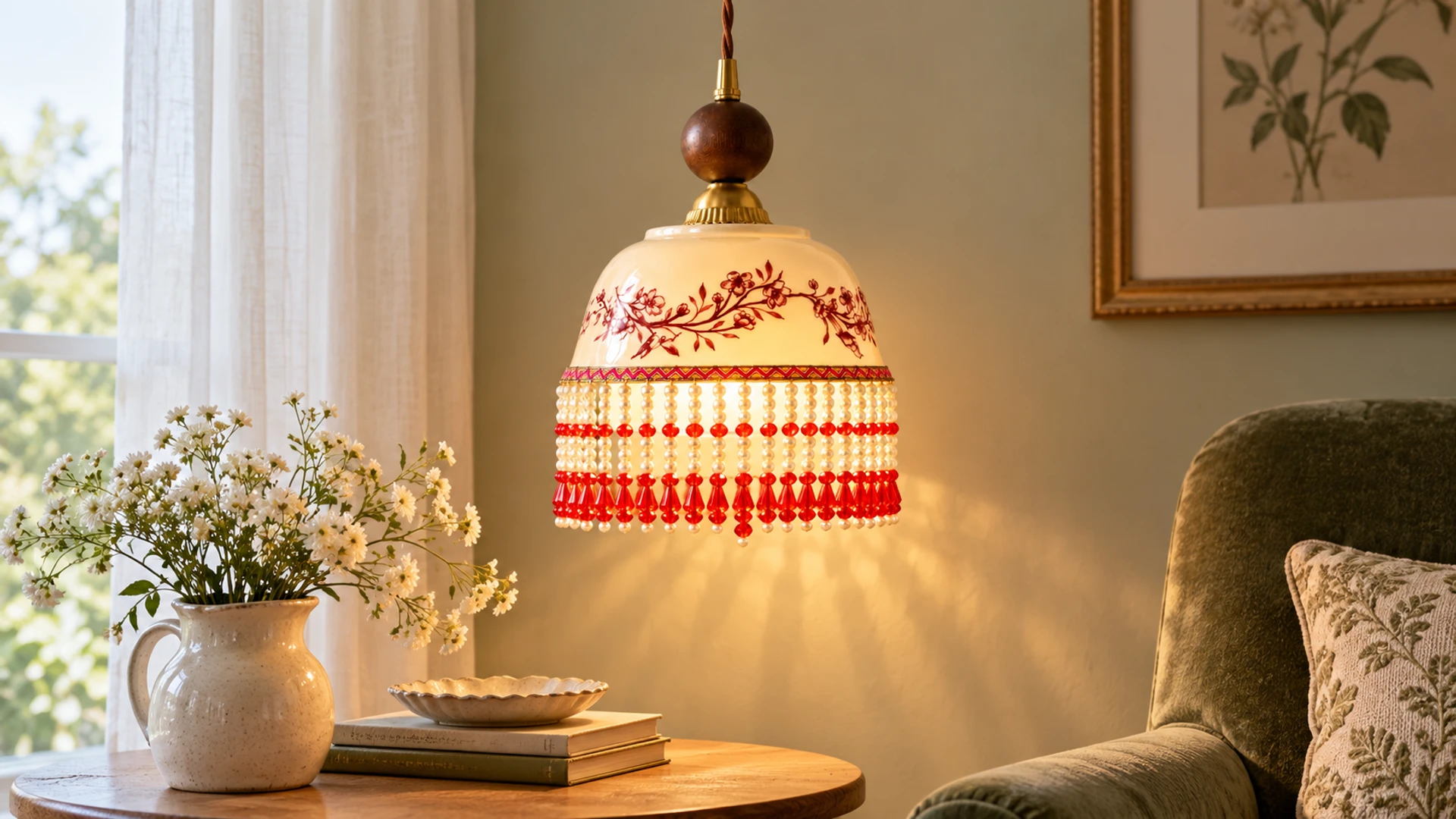 Vintage fringed ceramic pendant light in a bright home interior