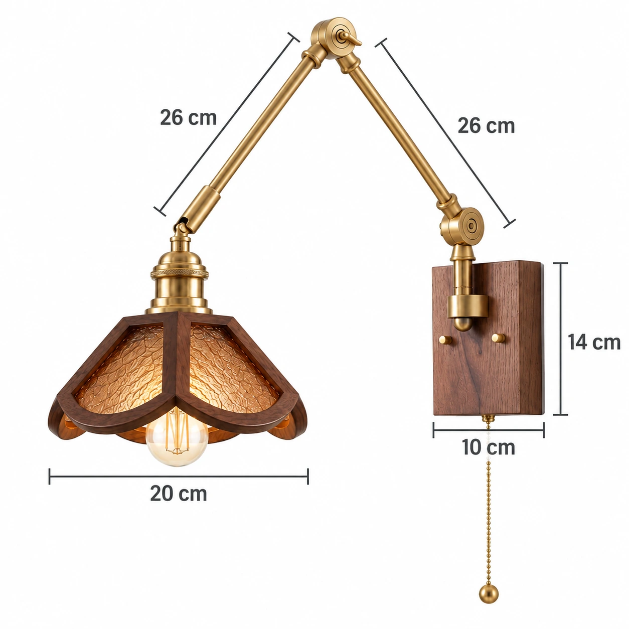 Wushlp Vintage Adjustable Ash-Wood and Copper Wall Light specification graphic