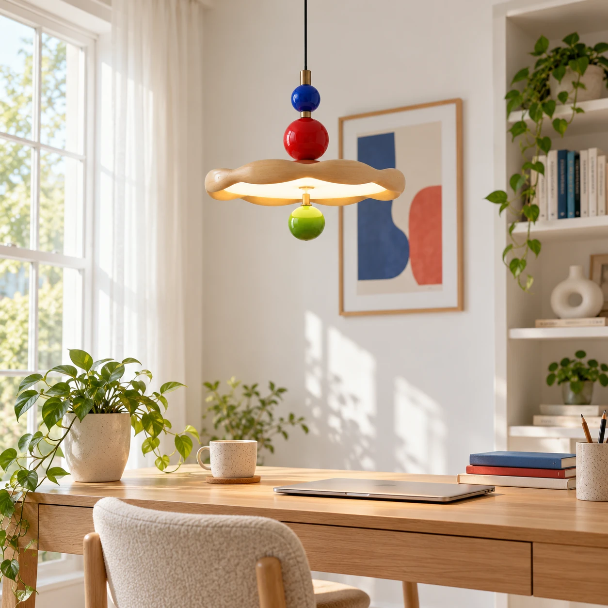 Jasper Memphis pendant above a light wood study desk