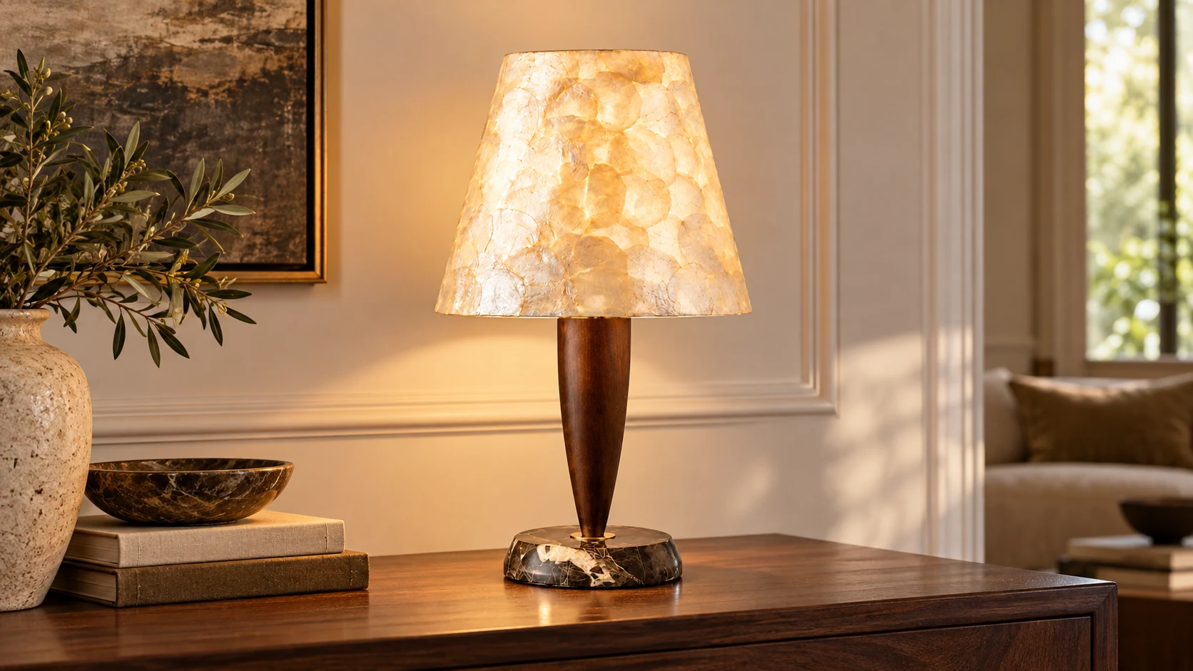 Vintage Textured Shell and Solid-Wood Table Lamp in a bright interior setting
