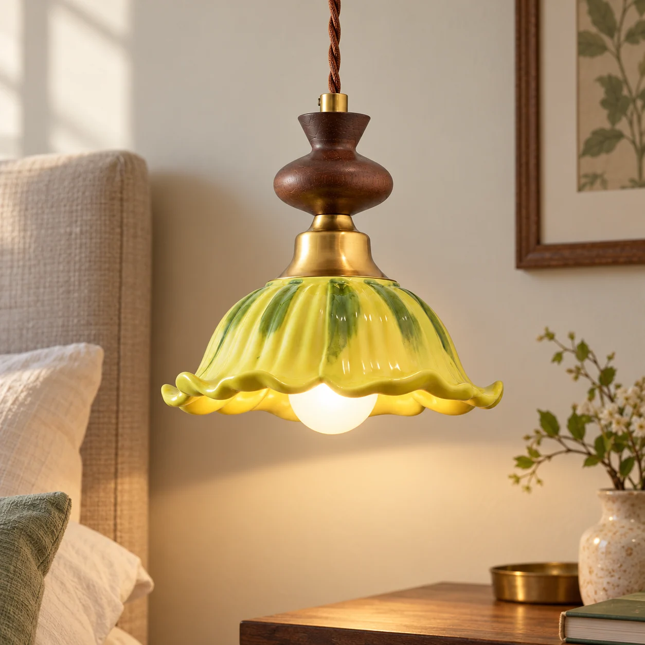Vintage Green Ceramic and Solid-Wood Pendant Light at a bedroom bedside