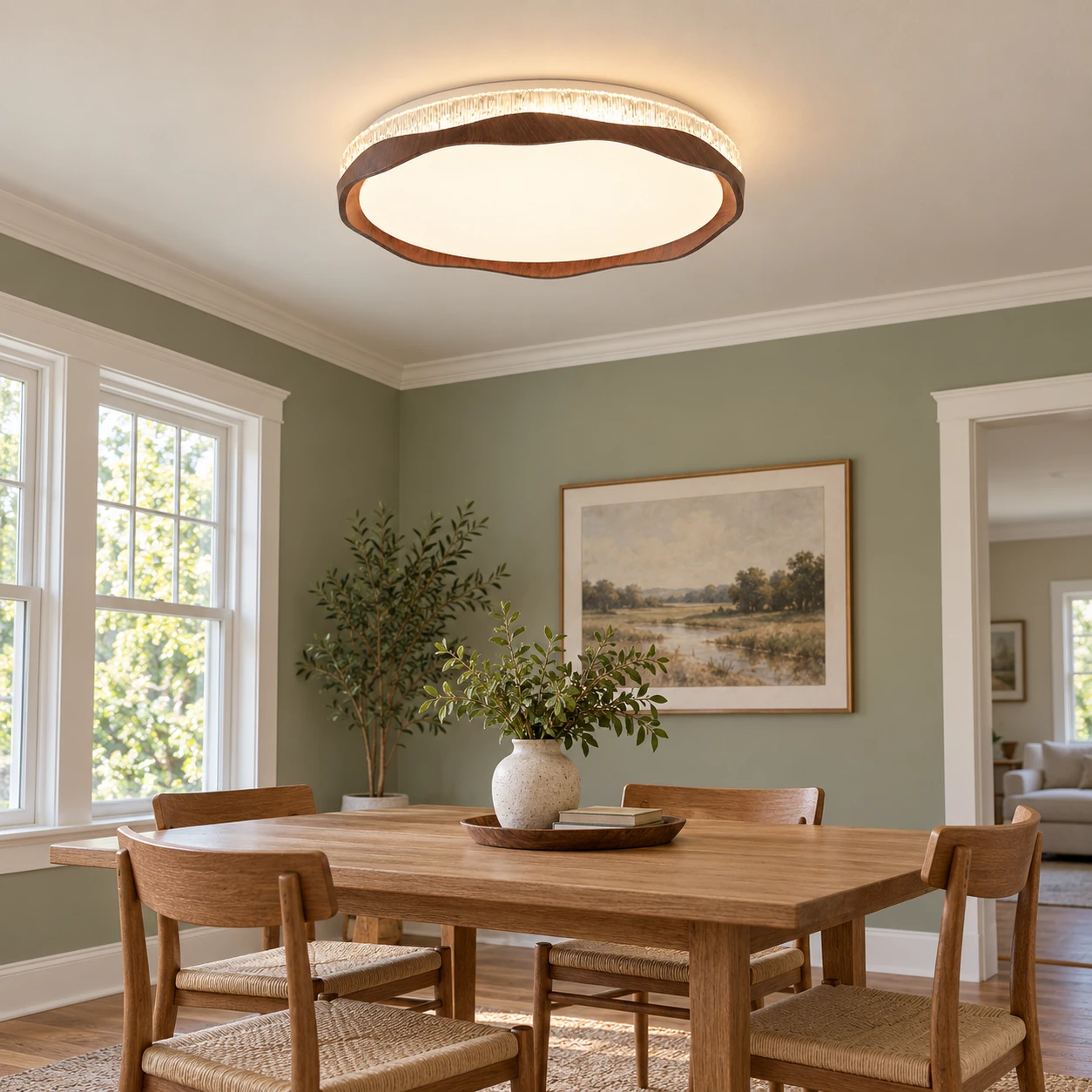 Marielle textured round flush mount ceiling light above a dining table