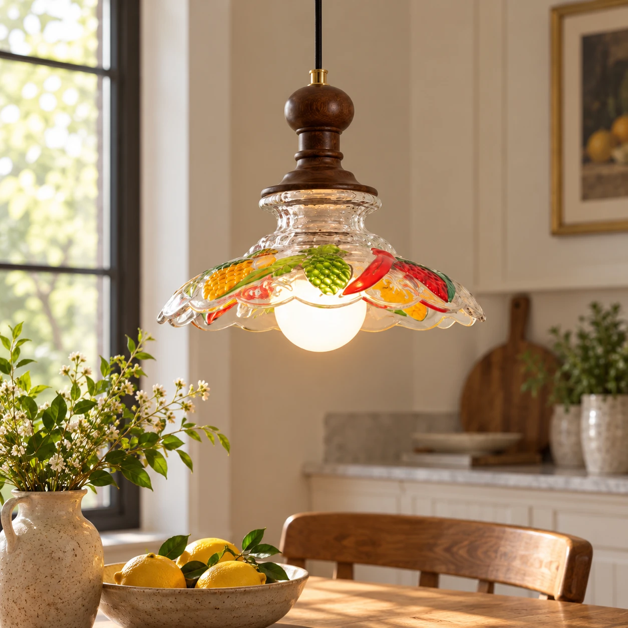 Near view of Colette pendant glowing in a greige room