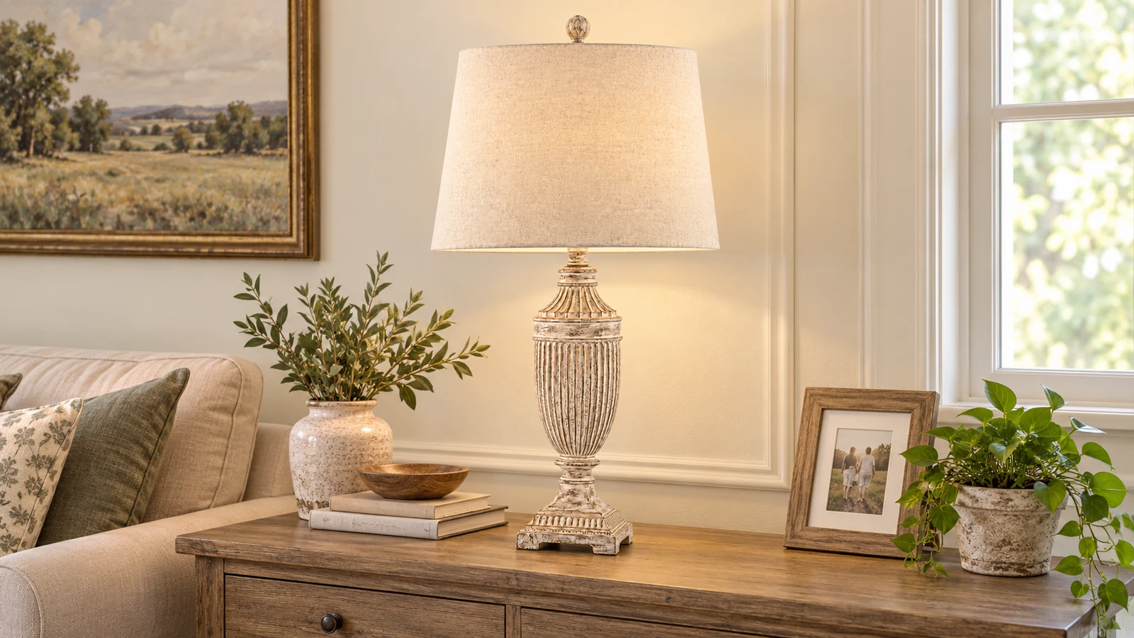 Whitewashed carved fluted solid-wood table lamp on a living room console