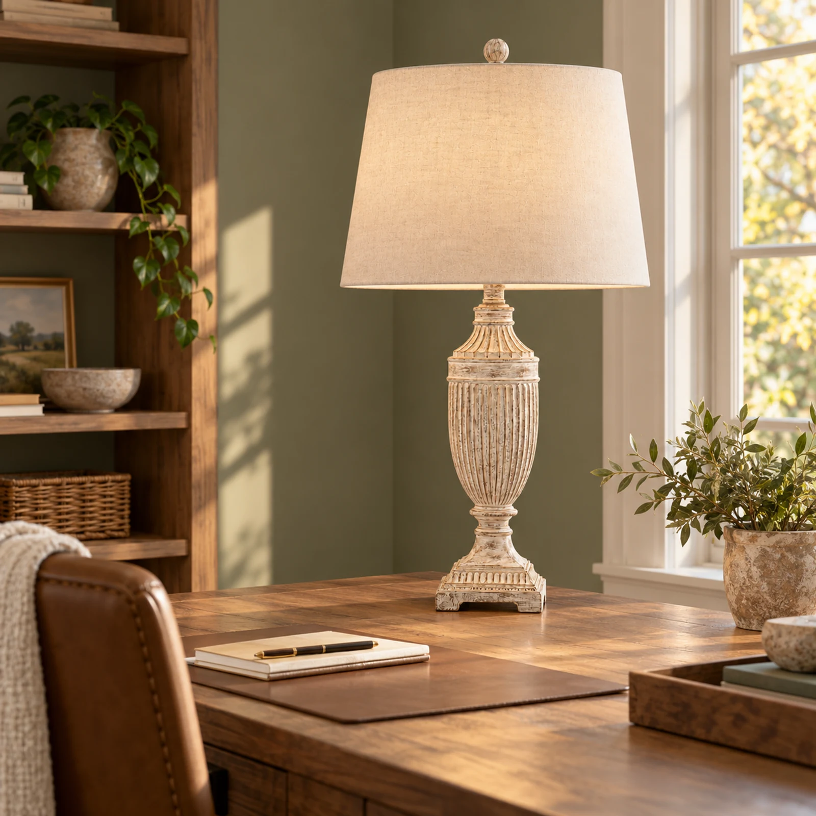 Whitewashed carved fluted solid-wood table lamp on a home office desk