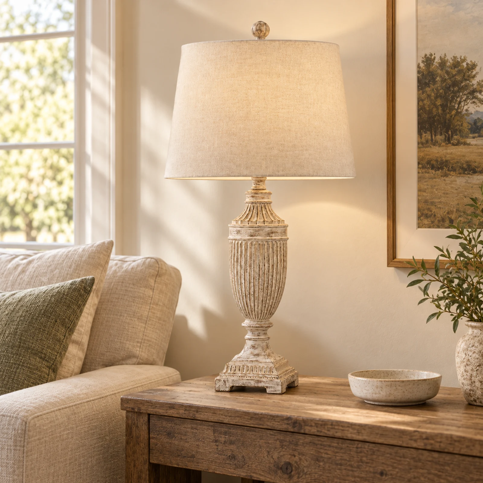Whitewashed carved fluted solid-wood table lamp on a living room console
