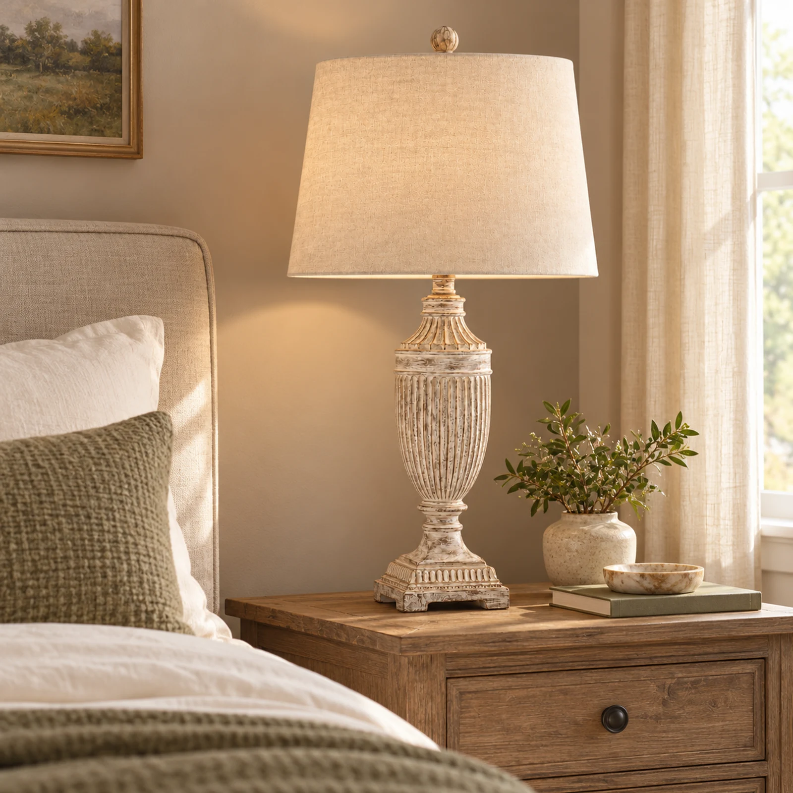 Whitewashed carved fluted solid-wood table lamp on a bedroom nightstand